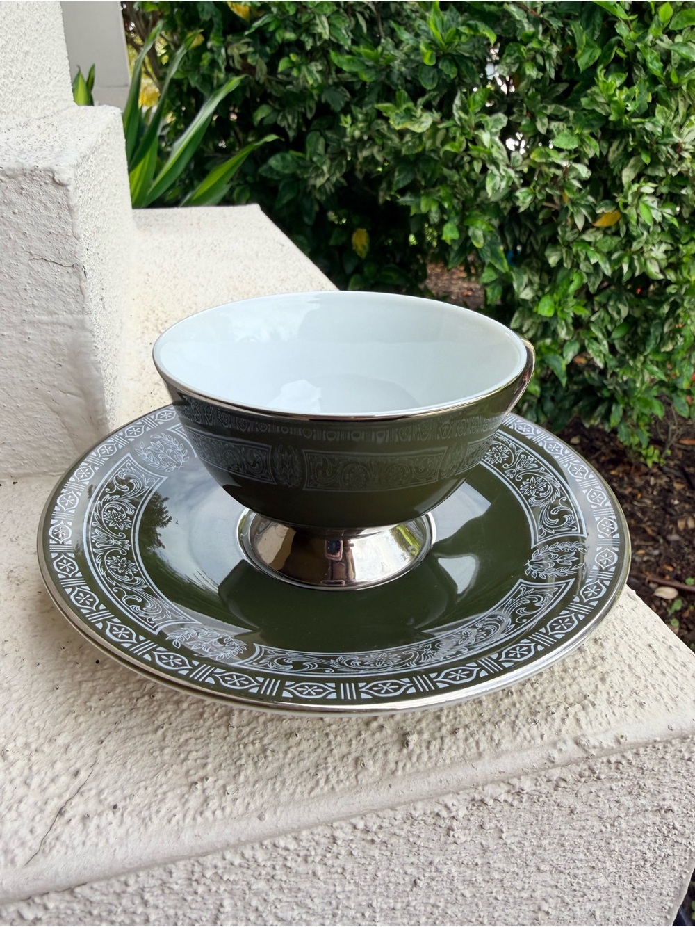 Forest Damask 3544 Fine China Japan Saucers Lot of 6 Olive Green Silver Vintage